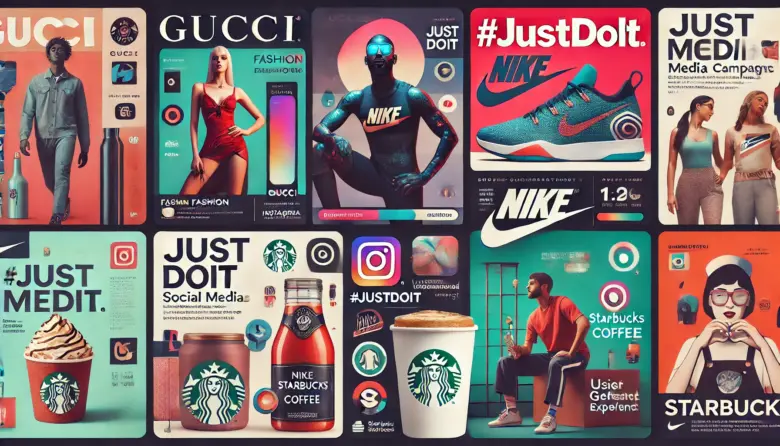 「成功したSNSキャンペーンのコラージュ。GucciのInstagram投稿、Nikeの#JustDoItハッシュタグ付き広告、Starbucksのユーザー生成コンテンツが組み合わさり、エンゲージメントとブランドストーリーを強調。」 