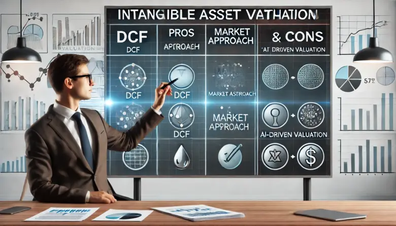 「無形資産評価の比較分析を示すイラスト。スーツ姿のコンサルタントがデジタルボードを指し、DCF法、マーケットアプローチ、AI評価手法の比較チャートが表示されている。ミニマルなオフィス背景と金融関連の書類が配置。」