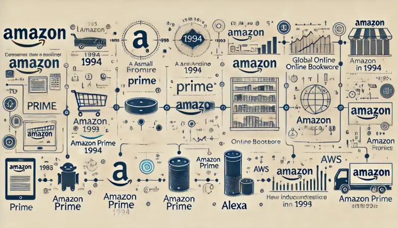 "Amazonの成長の歴史を示すタイムライン図。1994年の創業から、Amazon Prime、Alexa、AWSなどの重要なマイルストーンが視覚的に表現されている。"