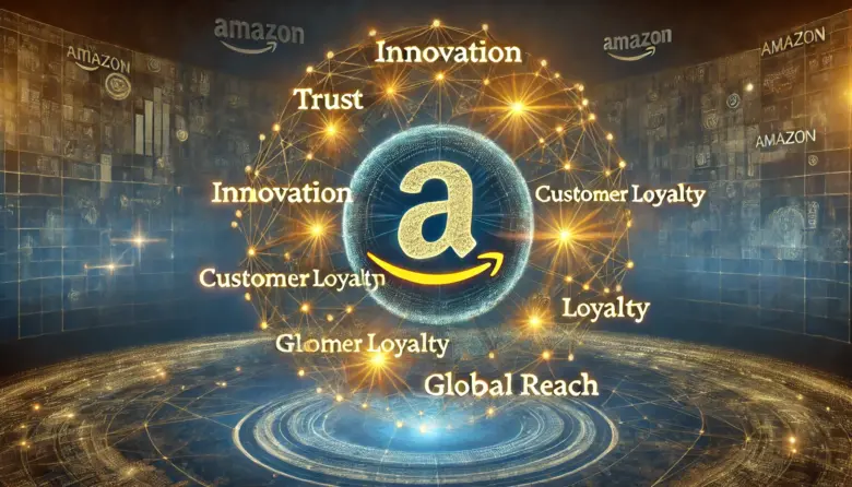 "Amazonのブランドエクイティを表す抽象的なデザイン。‘Trust’（信頼）、‘Innovation’（革新）、‘Customer Loyalty’（顧客ロイヤルティ）、‘Global Reach’（グローバル展開）といったキーワードが輝いている。"