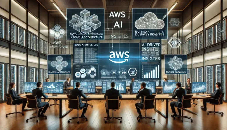 「ハイテクなオフィス環境で、複数のデジタルスクリーンにAWSのクラウドアーキテクチャ、ビジネス分析、AIのインサイトが表示されている。クラウド戦略について議論するアナリストたちの姿。」