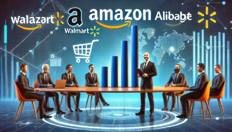 "Amazonと主要な競合他社（Walmart、Alibaba、Google）の市場シェアを比較するデータビジュアル。Amazonの圧倒的な市場リーダーシップがグラフで示されている。"