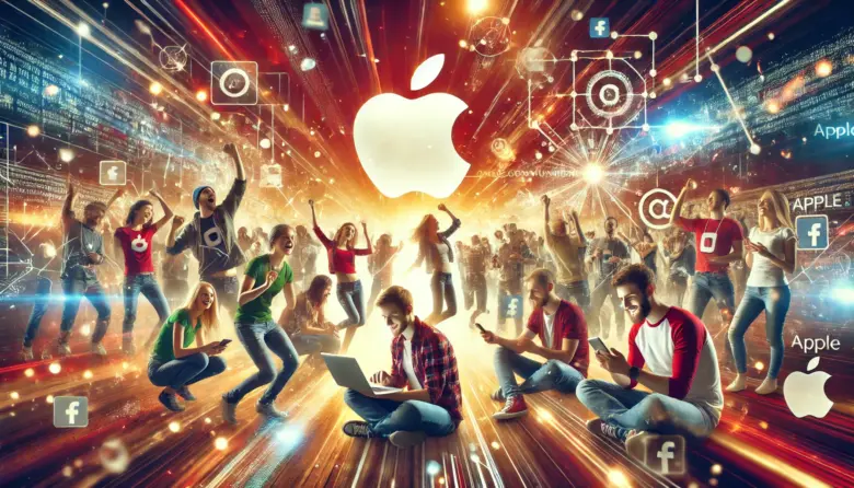 「Apple製品を使って交流する多様なユーザーたちの姿。Appleイベントの会場やオンラインSNSでのつながりを表現したデザインで、活気に満ちたコミュニティの雰囲気を強調。」